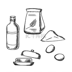 面粉和面包图片_面粉纸袋、新鲜鸡蛋、牛奶瓶和黄