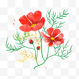 红花绿叶素材图片_红色水彩晕染风格花卉