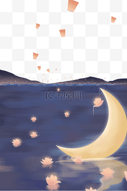 月亮夜晚图片_中元节祈福夜晚放花灯