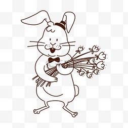 卡通线稿兔子拿着花