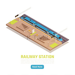 火车站等距背景带文本和阅读更多按钮带站台和区域快车矢量插图