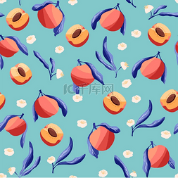 手绘桃子汁图片_手绘桃子和花卉元素的无缝图案。