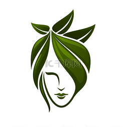 女人脸上的头发由抽象的绿叶组成