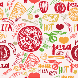 新鲜的绿色蔬菜图片_Pizza hand drawn seamless pattern with olives