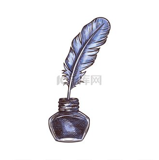 羽毛笔和墨水瓶素描图标.