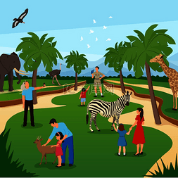 卡通长颈鹿和孩子图片_动物园卡通背景与热带动物和人们