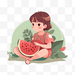 水果西瓜插画图片_卡通夏日吃西瓜儿童