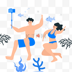 享受卡通图片_游泳人物蓝色植物水下自拍