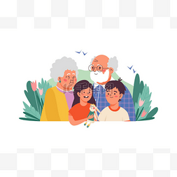 漫画矢量图图片_带有祖父母和孙子孙女的横幅漫画