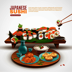 日本菜肴图片_真实的背景是摆满寿司的木架和其