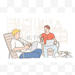 设计白鸽团结手绘图片_两个男人坐在咖啡店里看手提电脑