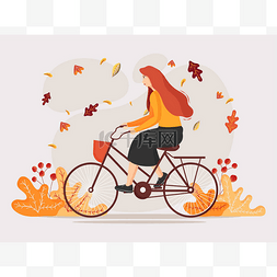 在森林背景上骑自行车的妇女的卡