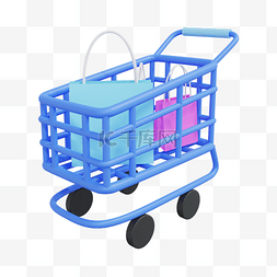 装满商品购物车图片_3DC4D立体蓝色购物车