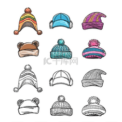 素描和五颜六色的冬帽套装。