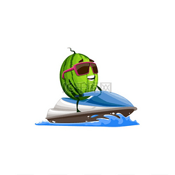 水上摩托车图片_夏季水果人物西瓜在太阳镜上冲浪