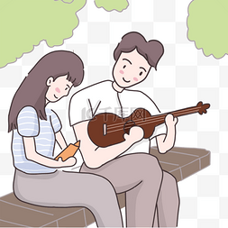 在公园拉小提琴的卡通情侣