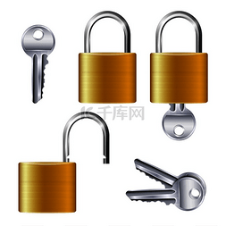 开锁公司logo图片_一组真实的相同金色金属开闭挂锁