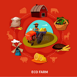 结合背景图片_农场卡通彩色构图与生态农场标题