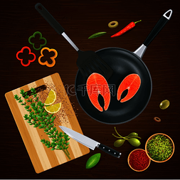 食物纹理背景图片_逼真的厨房用具顶视图与鲑鱼香料