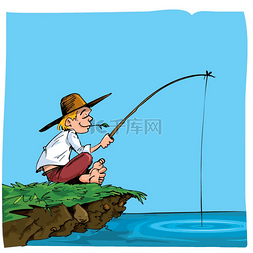 蓝色的湖泊图片_男孩在钓鱼的卡通