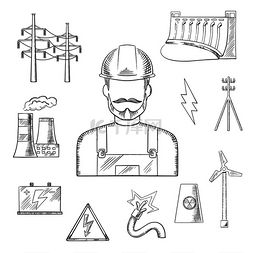 专业水电工图片_电力和电力行业的图标草图，包括