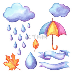 伞和雨滴图片_一套水彩画伞，云彩和雨。 一套