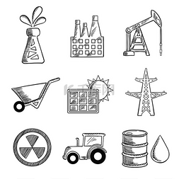 工厂油桶图片_工业和采矿速写图标与油井、工厂