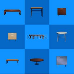 蓝色家具背景图片_桌子收集内饰、装饰和舒适物品、