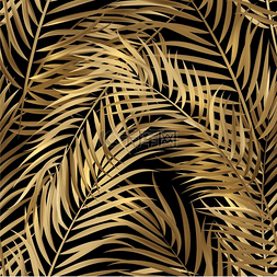 棕榈叶背景图片_热带金色棕榈叶丛林树叶无缝矢量