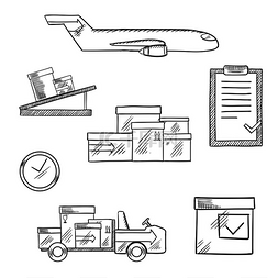 飞机、传送带、带有包装符号的纸