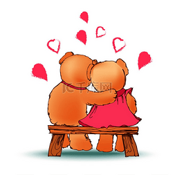 卡爱背景图片_几只熊坐在长凳上，爱的角色拥抱