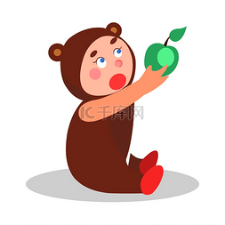 绿色苹果背景图片_穿着绿色苹果卡通图标的熊套装的