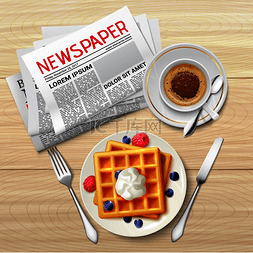 发布案例图片_早上杯咖啡盘的吐司和木桌上的报