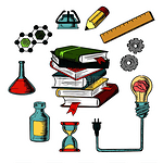 知识、科学和网络教育设计，包括烧瓶、管子、瓶子、铅笔、沙漏、尺子、齿轮、书籍和带大脑的灯泡。