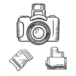电影卡牌图片_带存储卡和胶卷素描图标的照相机
