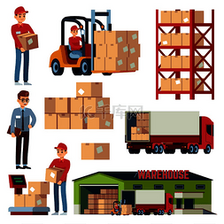 卡车运输图片_仓库平面元素物流运输和叉车送货