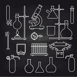 科学实验教育图片_化学实验室图标设置在黑板上。