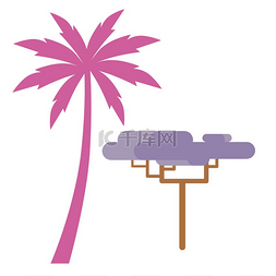 粉红色的棕榈树剪影和图形化的小
