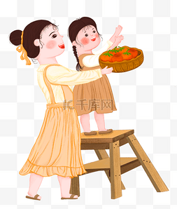 母女摘柿子