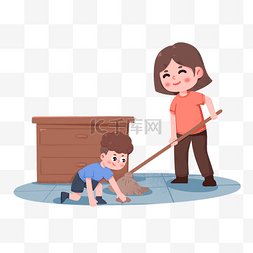 劳动节做家务图片_亲子妈妈男孩打扫卫生做家务