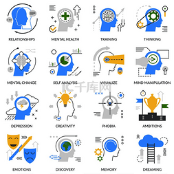 心理概念集平面图标与自我分析、