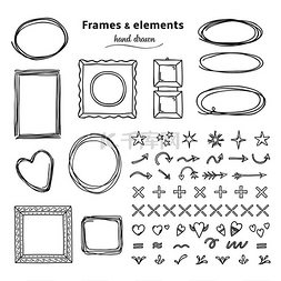 框标记图片_涂鸦框架和元素手绘方形圆形线条