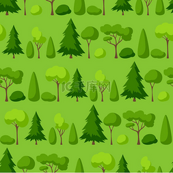 草地与树木图片_与树木、云杉和灌木的无缝图案。