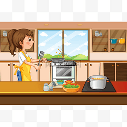 手绘做饭的女人图片_厨房里做饭的女人
