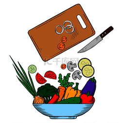 准备图标图片_素食沙拉准备过程，包括大蒜和蘑