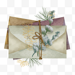绿色明信片卡片图片_水彩植物金色装饰圣诞信封