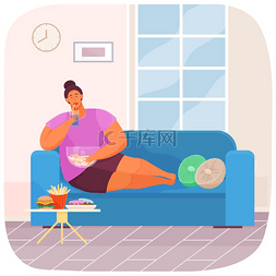 女人肥胖图片_超重的女孩躺在沙发上，生活方式