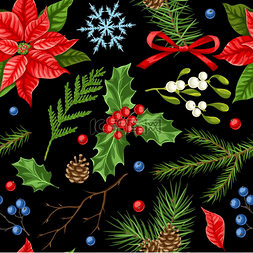 冬季植物树枝图片_无缝图案搭配冬季植物圣诞快乐的