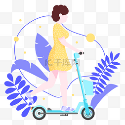 女性骑行环保小摩托车扁平风格