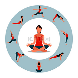 女性健身图标图片_用不同瑜伽姿势莲花姿势平板和战